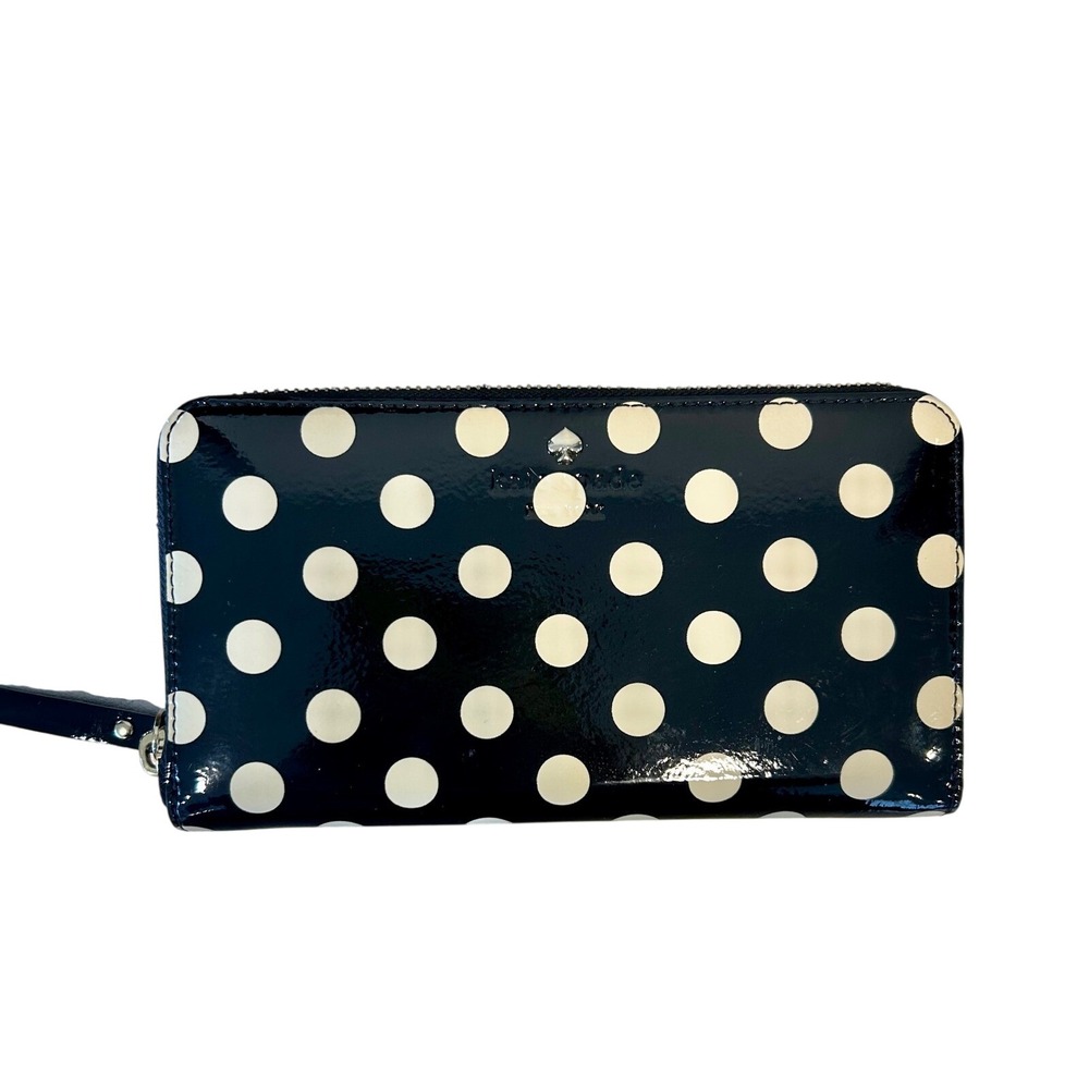 Kate Spade New York Polka Dot Patent Leather Zip Around Wallet Black White Red